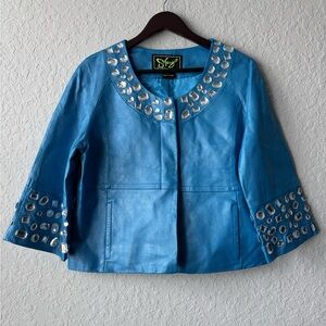 Stylish Blue Embellished Leather Women's Jacket